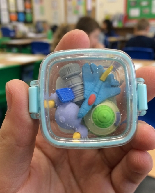 Space Adventure Mini Erasers Set with Cute Clear Storage Box