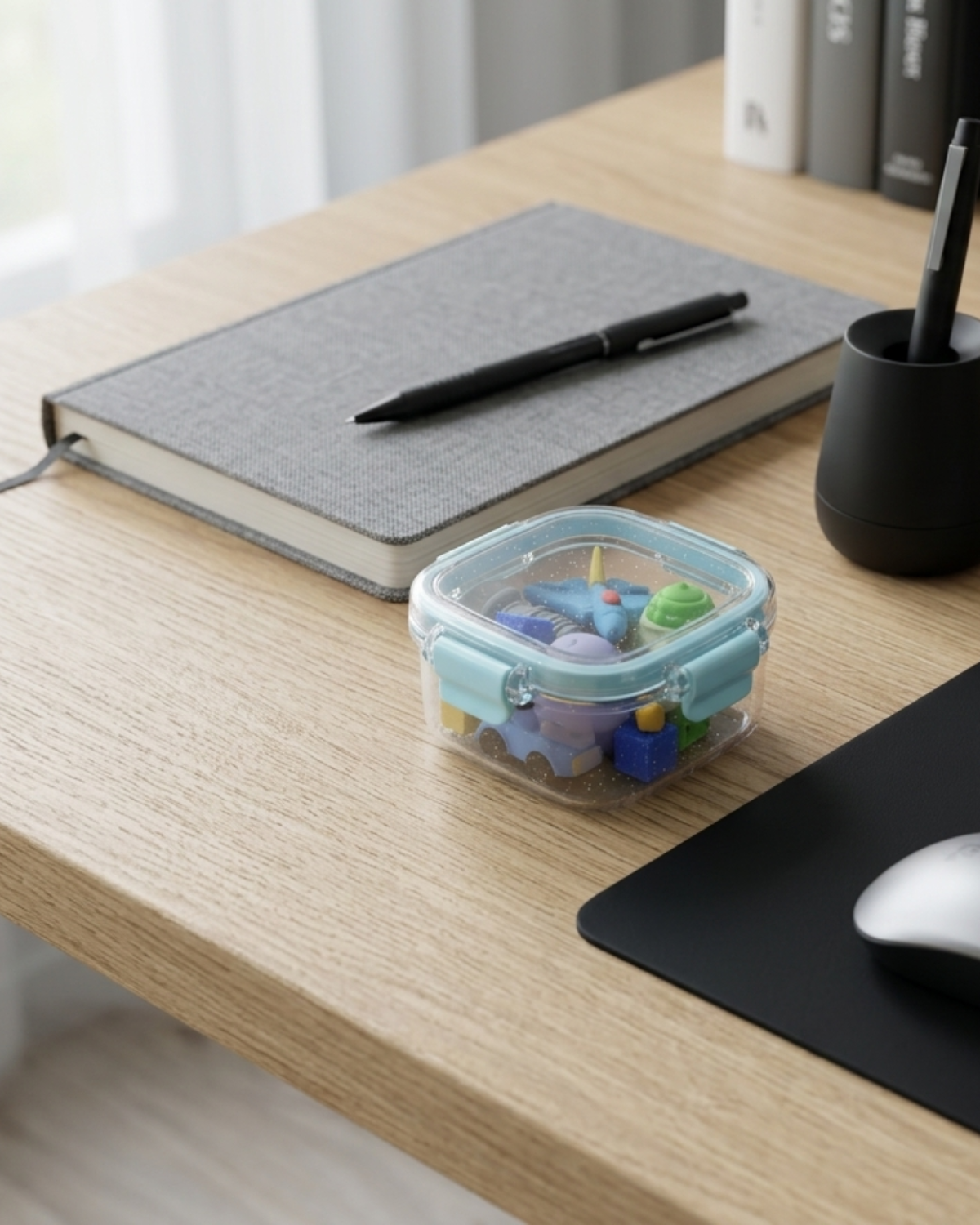 Space Adventure Mini Erasers Set with Cute Clear Storage Box