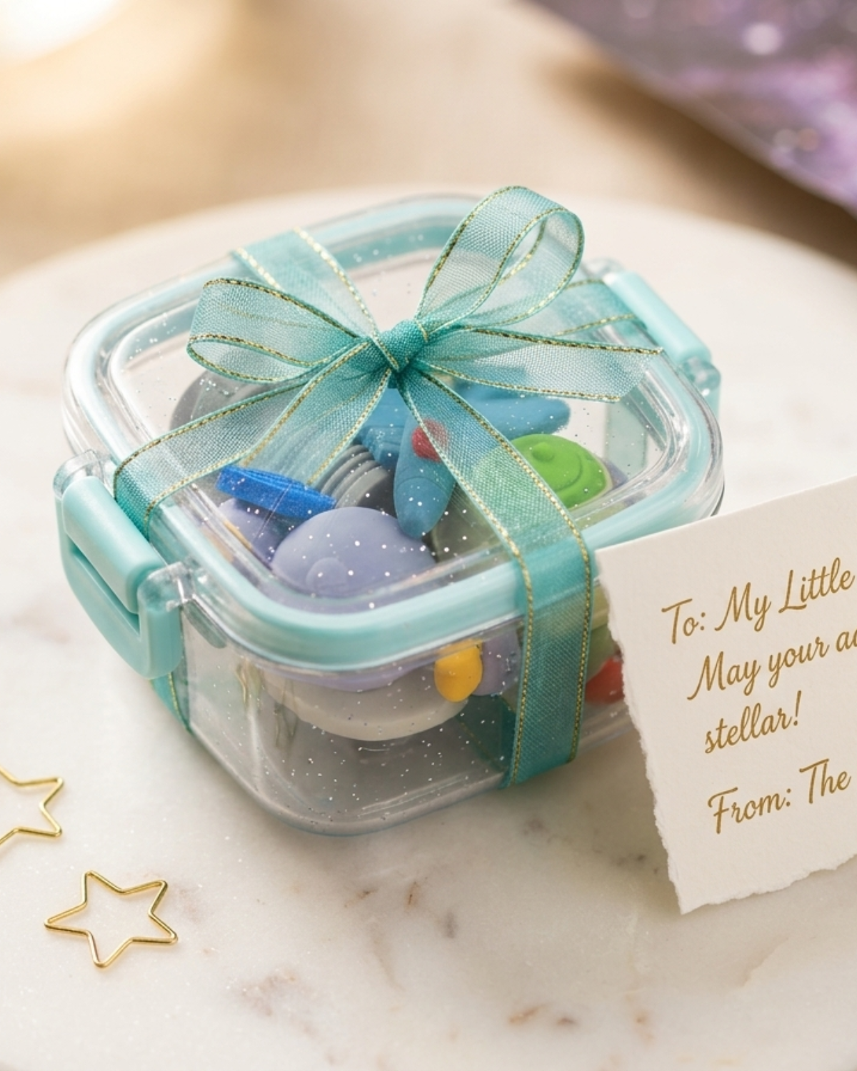 Space Adventure Mini Erasers Set with Cute Clear Storage Box
