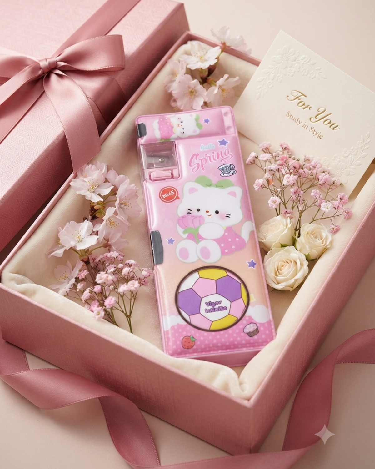 Cute Cat Multi-Function Pencil Case with Built-in Sharpener & Sliding Eraser Holder