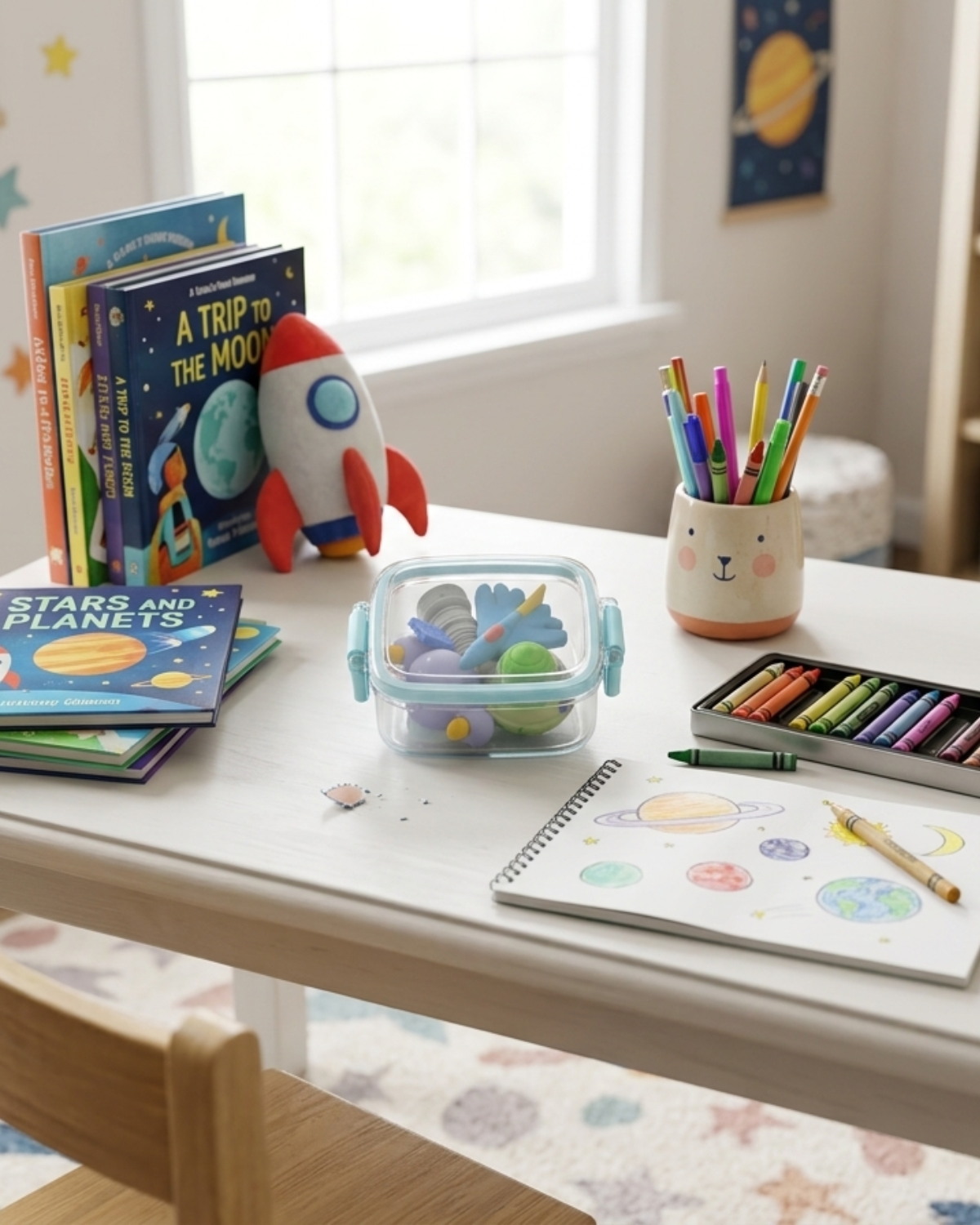Space Adventure Mini Erasers Set with Cute Clear Storage Box