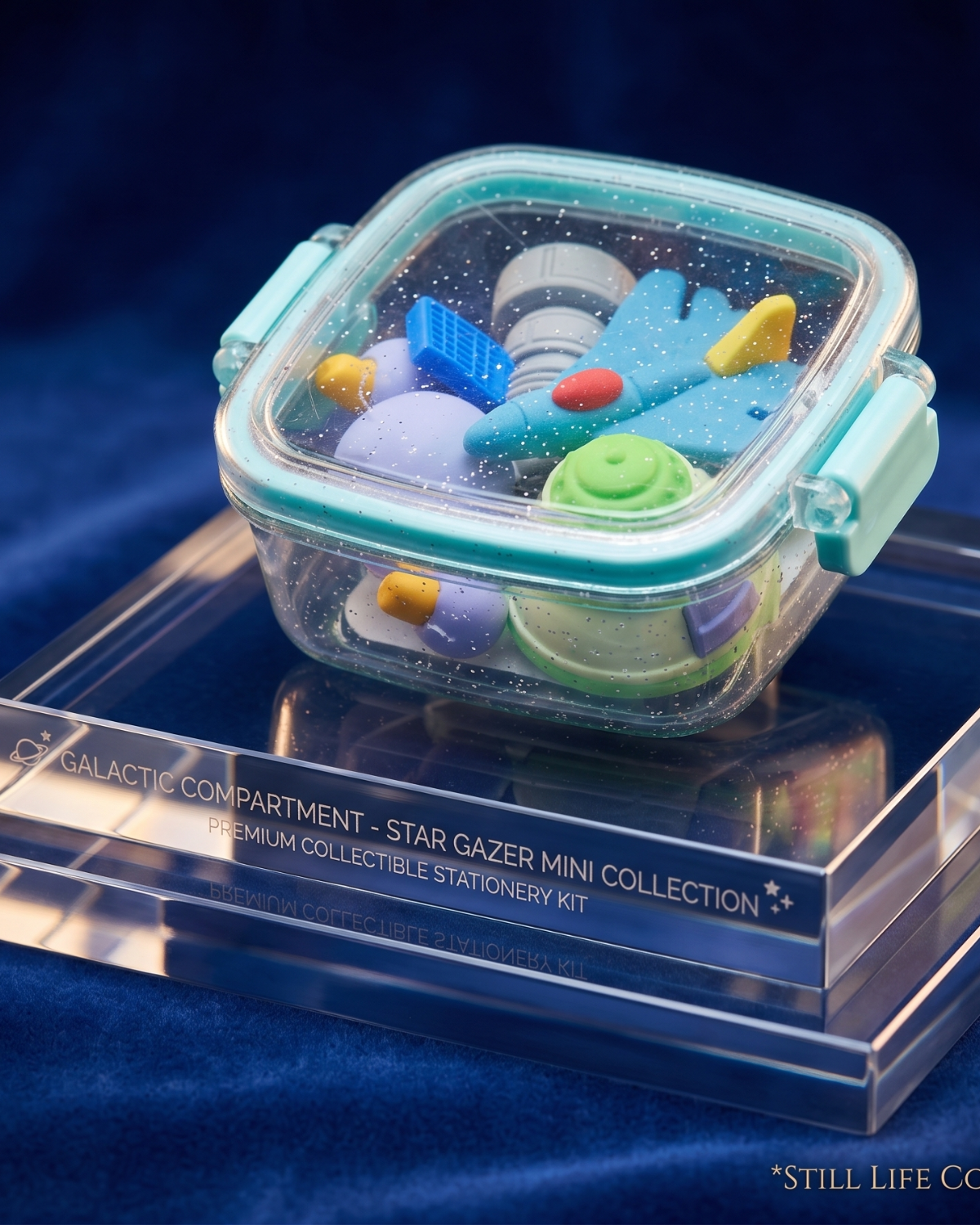 Space Adventure Mini Erasers Set with Cute Clear Storage Box