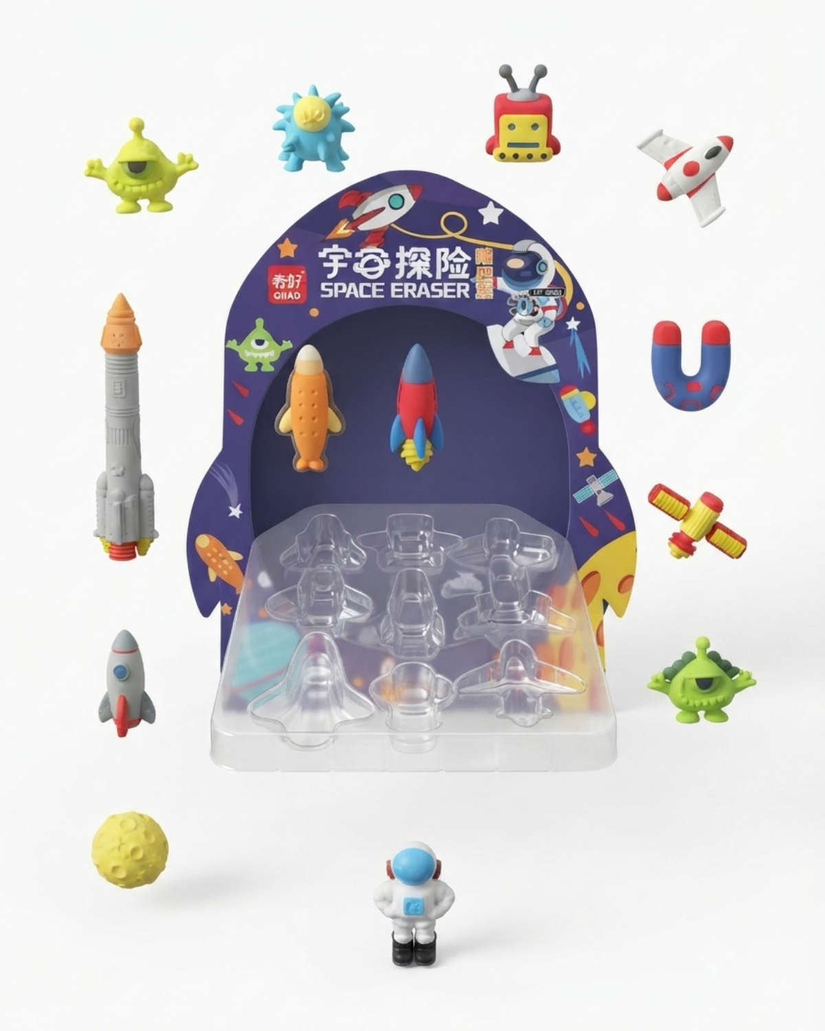 Space Adventure Eraser Set – 11 Pcs Cute Space Theme 3D Pencil Erasers for Kids