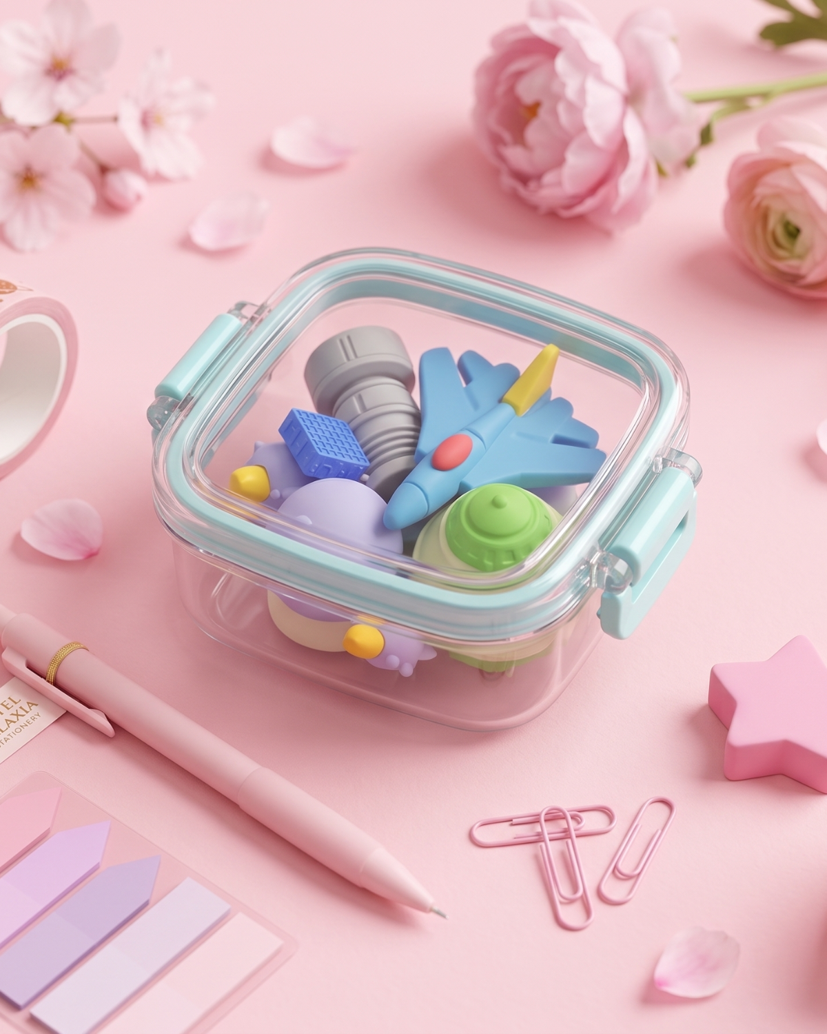 Space Adventure Mini Erasers Set with Cute Clear Storage Box
