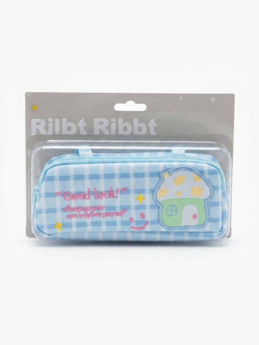 Good Luck" Blue Plaid Mushroom Pencil Case