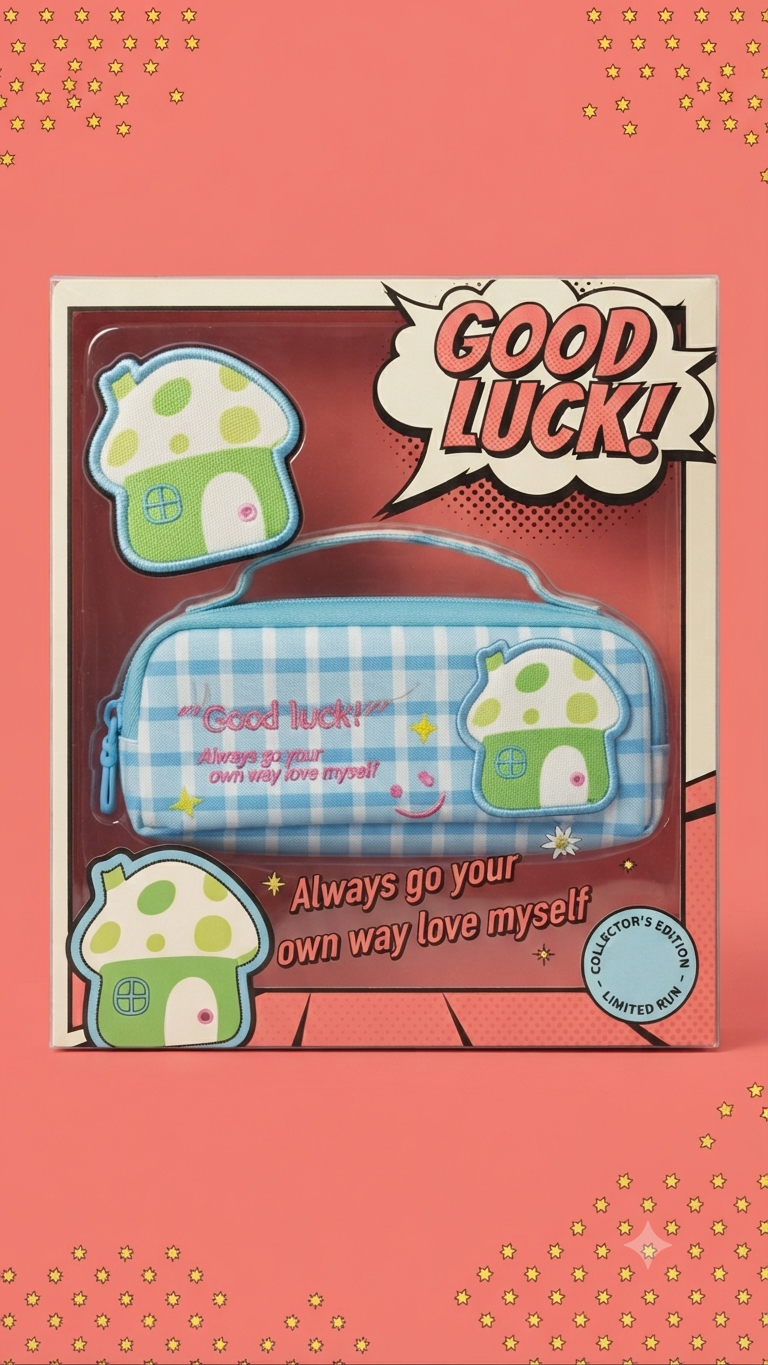 Good Luck" Blue Plaid Mushroom Pencil Case