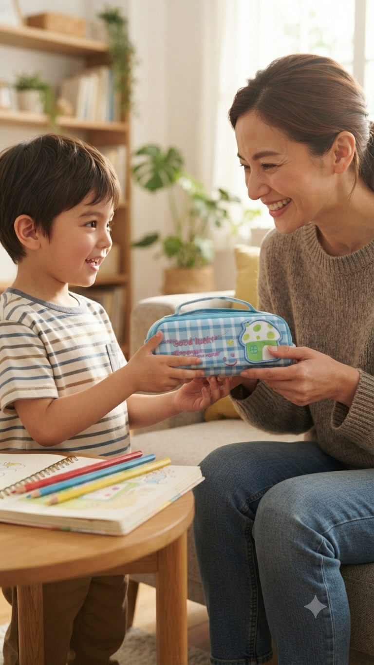Good Luck" Blue Plaid Mushroom Pencil Case