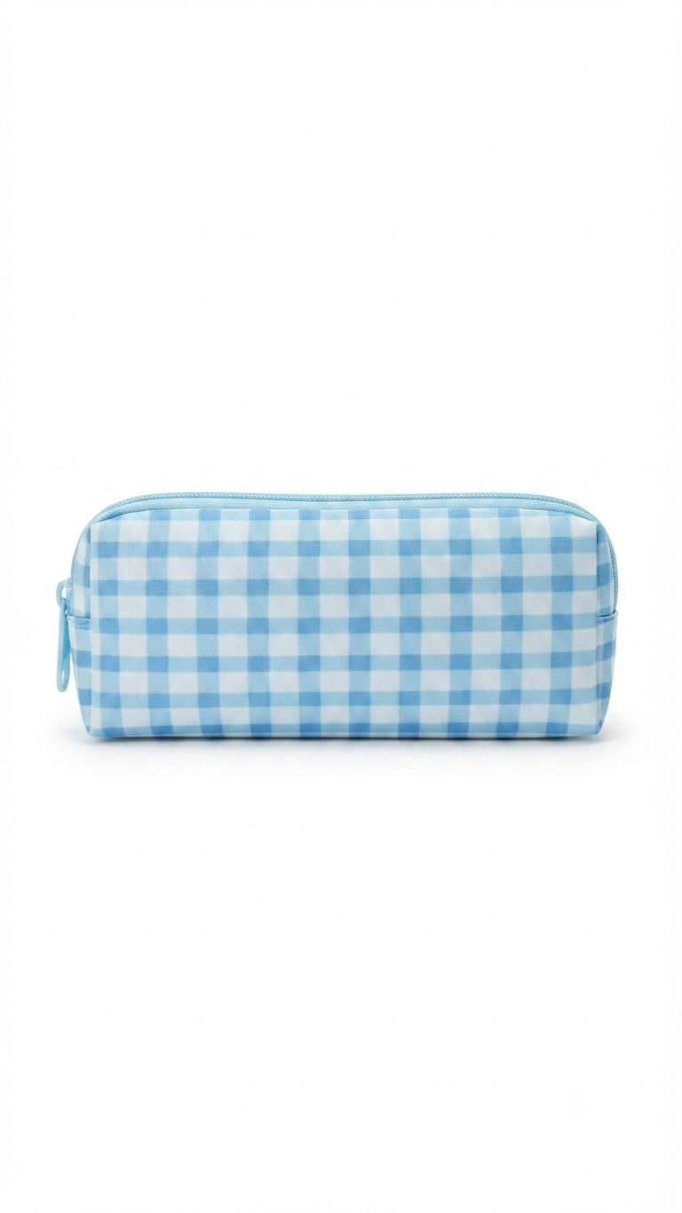 Good Luck" Blue Plaid Mushroom Pencil Case