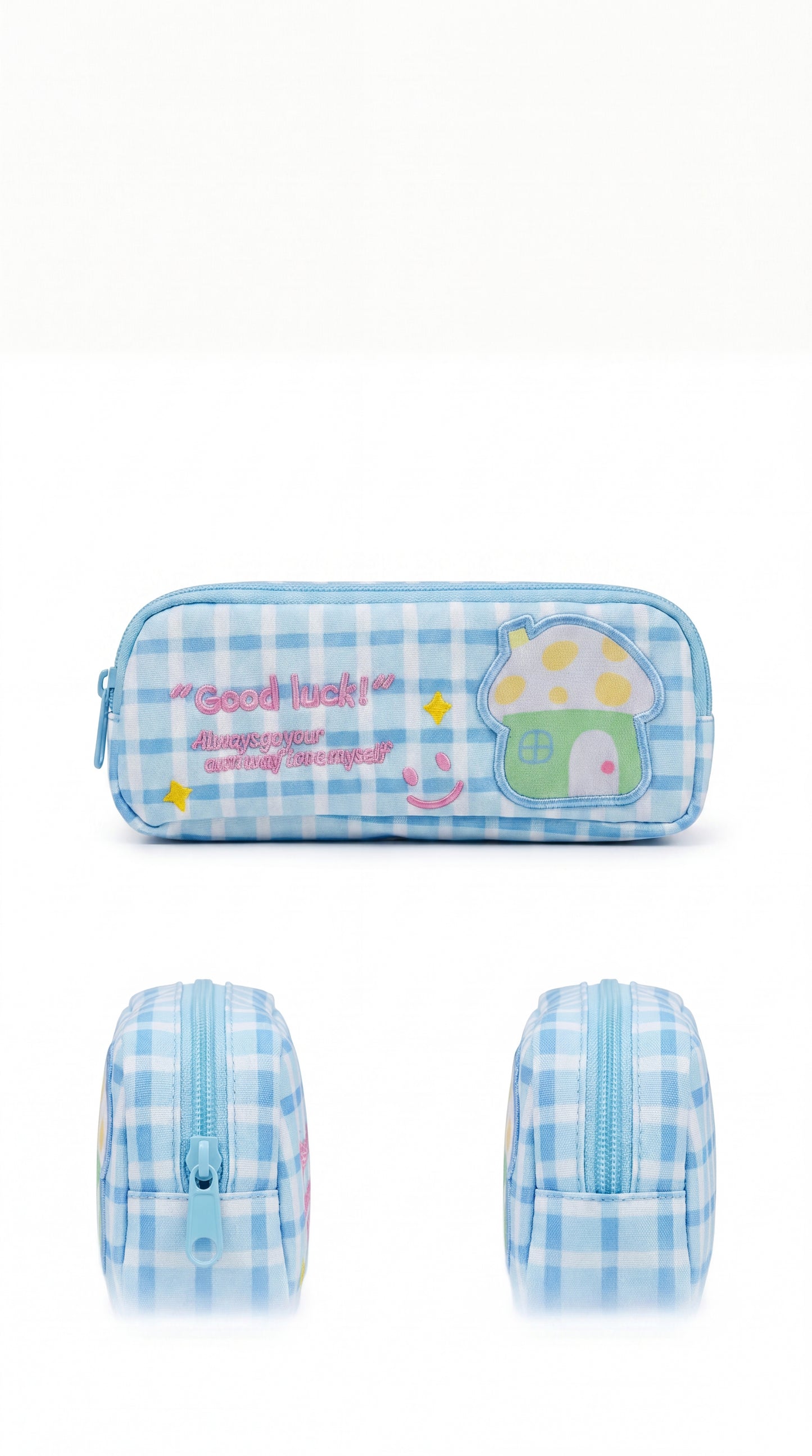 Good Luck" Blue Plaid Mushroom Pencil Case