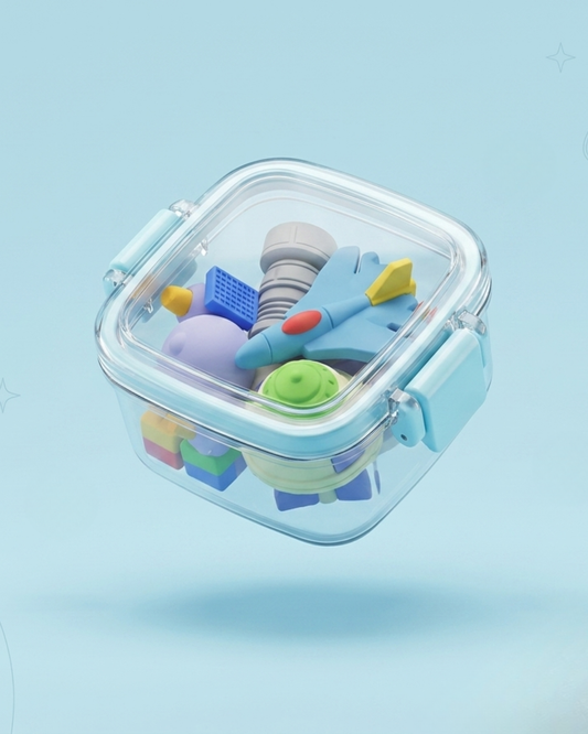 Space Adventure Mini Erasers Set with Cute Clear Storage Box