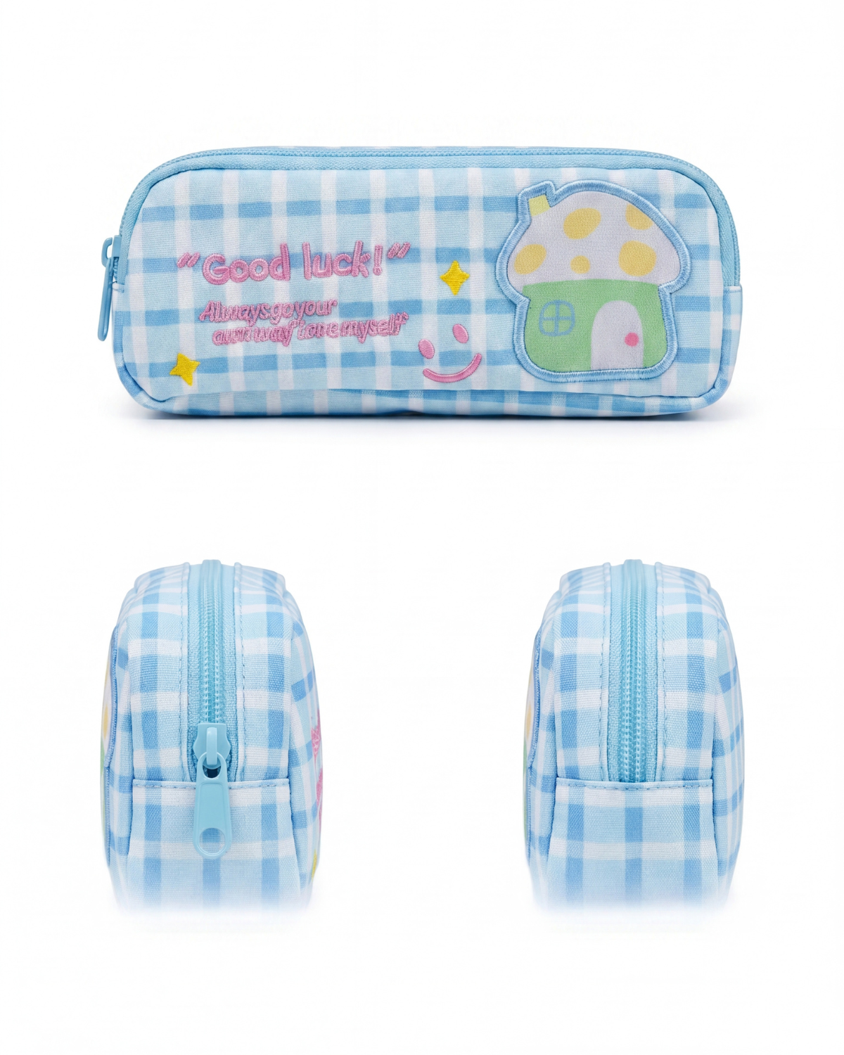Good Luck" Blue Plaid Mushroom Pencil Case