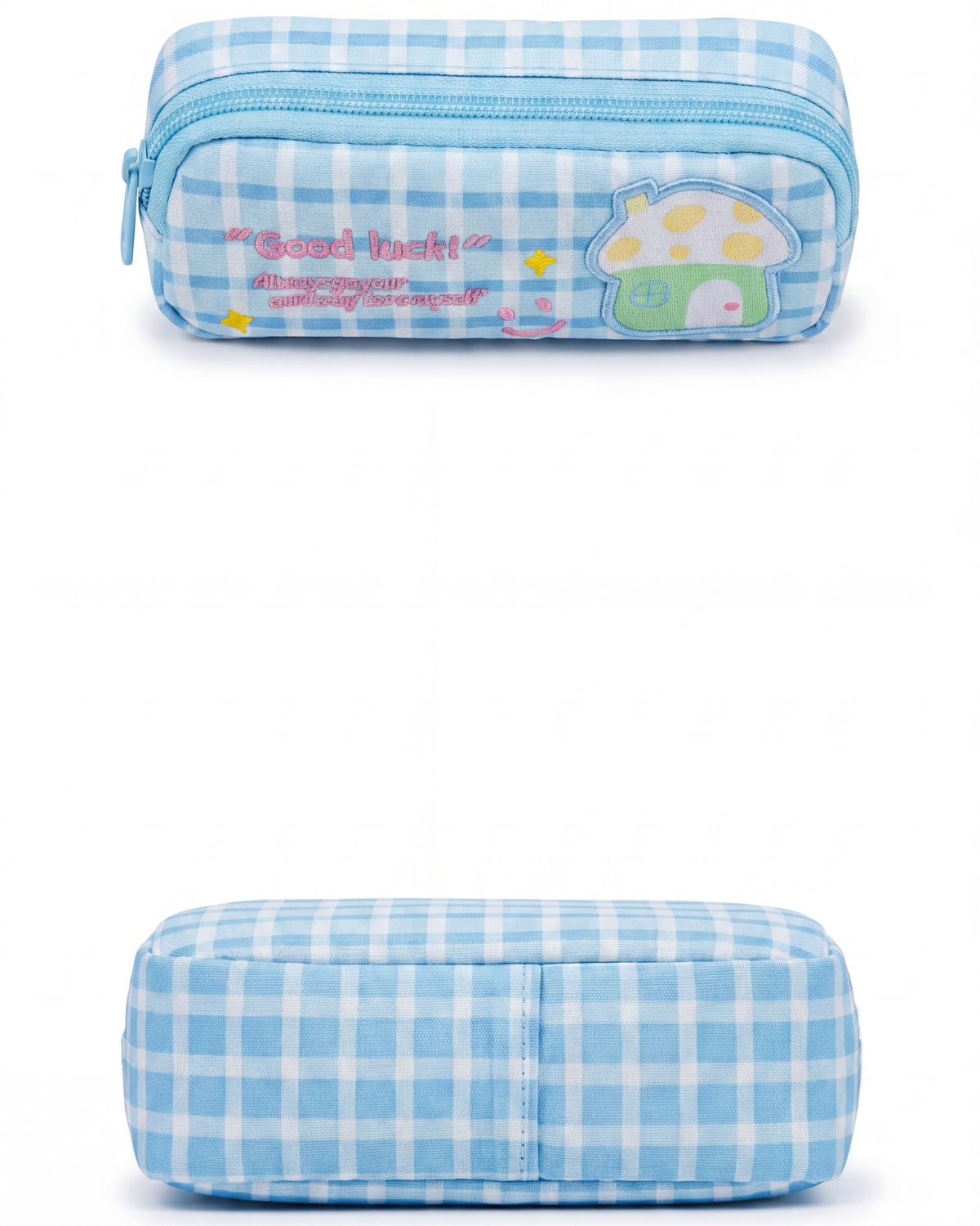 Good Luck" Blue Plaid Mushroom Pencil Case