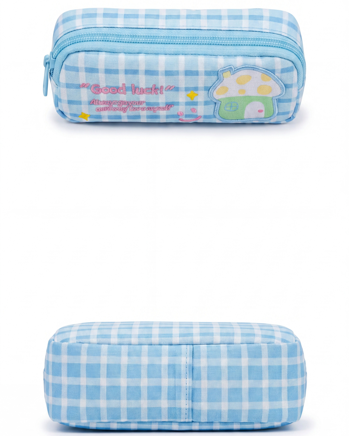 Good Luck" Blue Plaid Mushroom Pencil Case