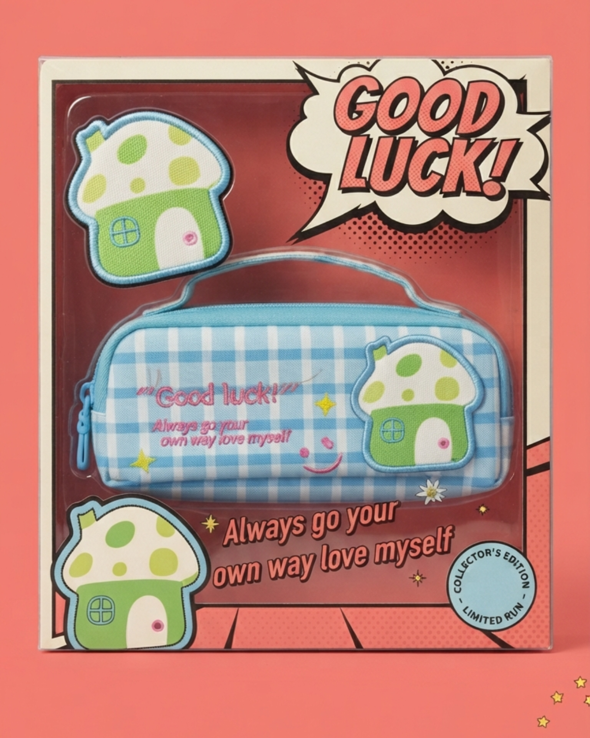 Good Luck" Blue Plaid Mushroom Pencil Case