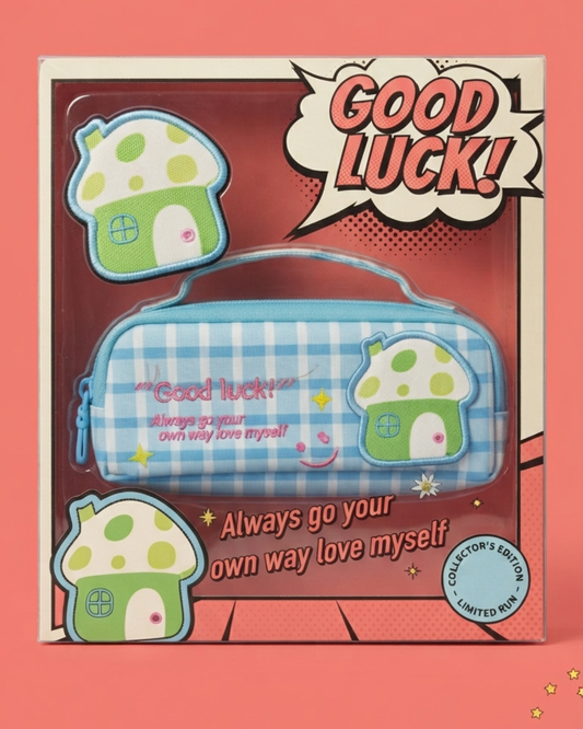 Good Luck" Blue Plaid Mushroom Pencil Case