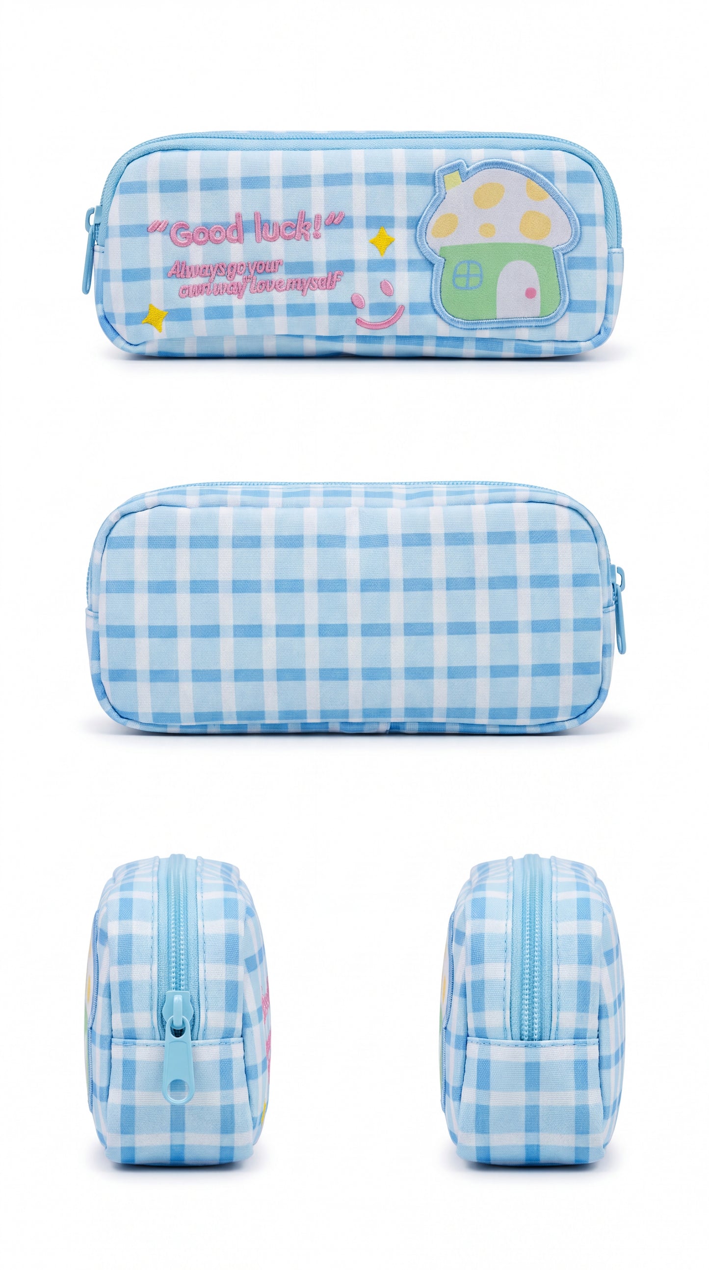 Good Luck" Blue Plaid Mushroom Pencil Case