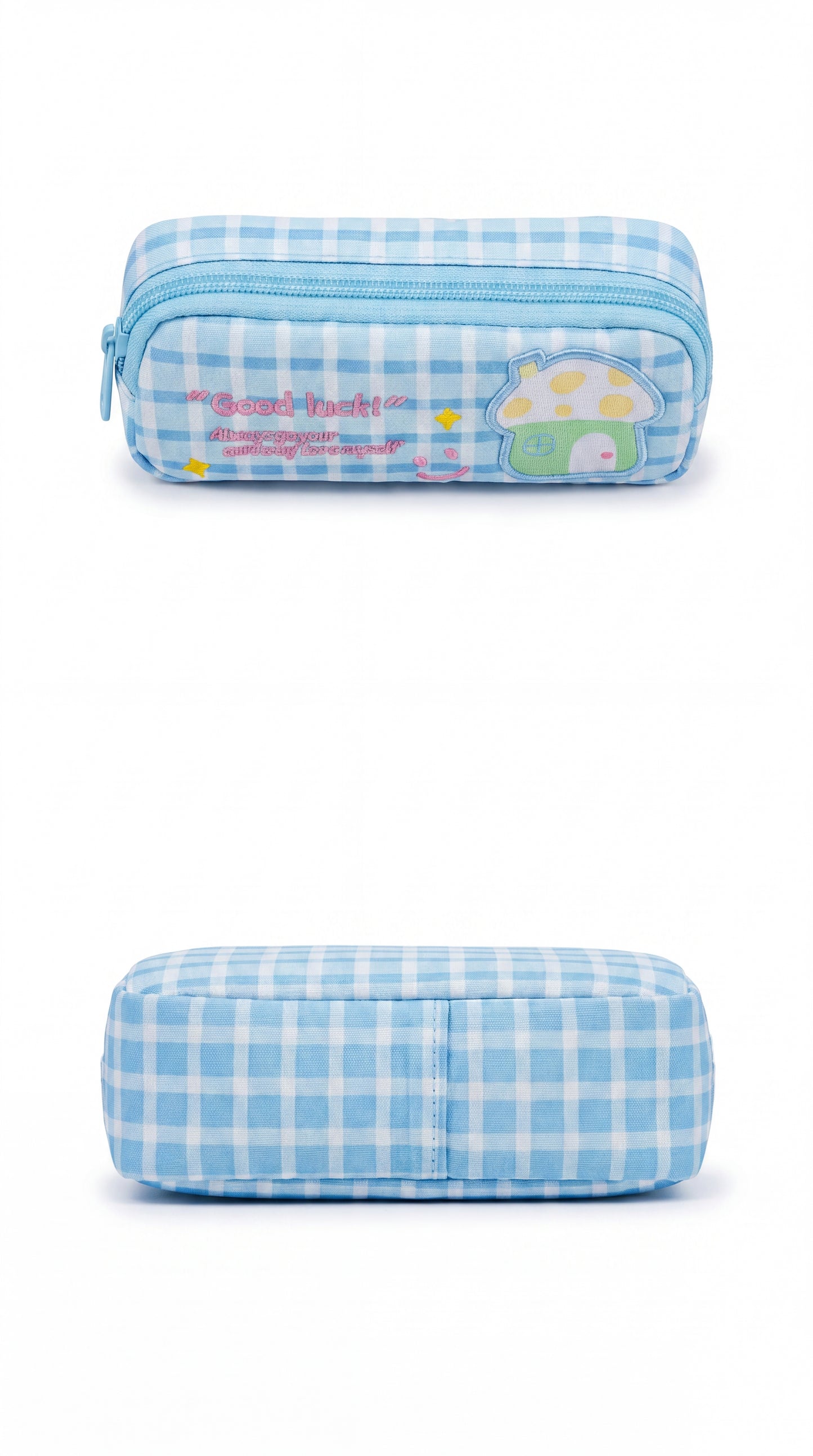 Good Luck" Blue Plaid Mushroom Pencil Case